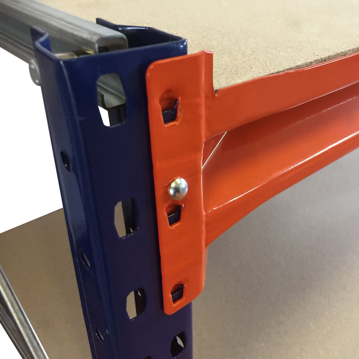 Close-up of a RackZone Industrial Workbench with timber shelves and blue frame.