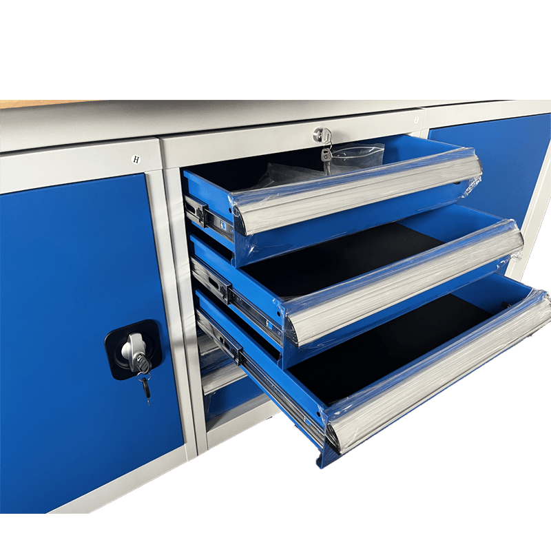RackZone Industrial Workbench 2000H x 2100W x 600D in grey/blue, storage drawers.