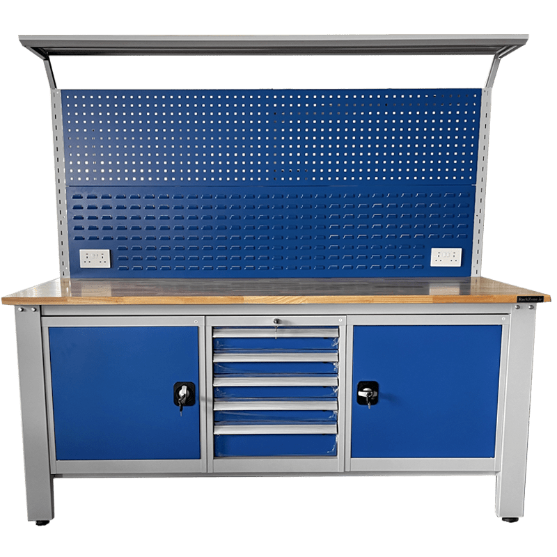 RackZone Industrial Workbench with drawers, cabinets & perforated back panel.