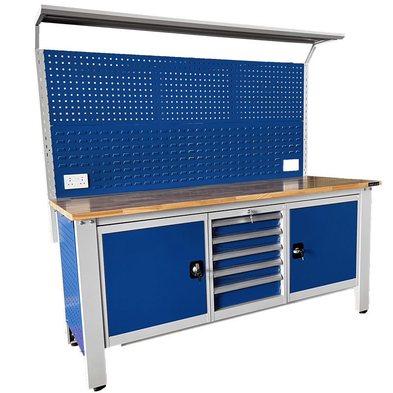RackZone Industrial Workbench, Grey/Blue, with pegboard, drawers & shelf.