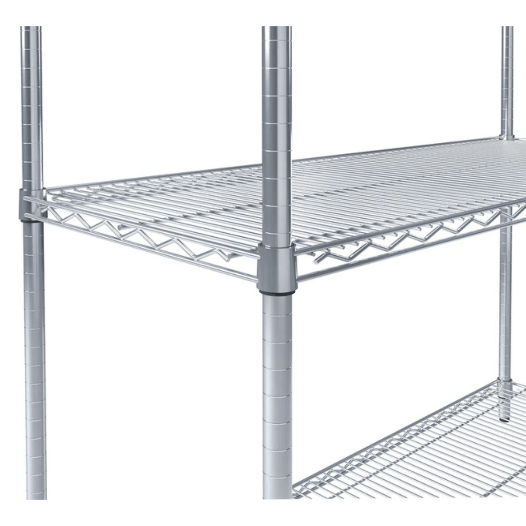 Close-up of RackZone Wire Chrome Shelving, 1818h x 907w x 458d, 4 Level.