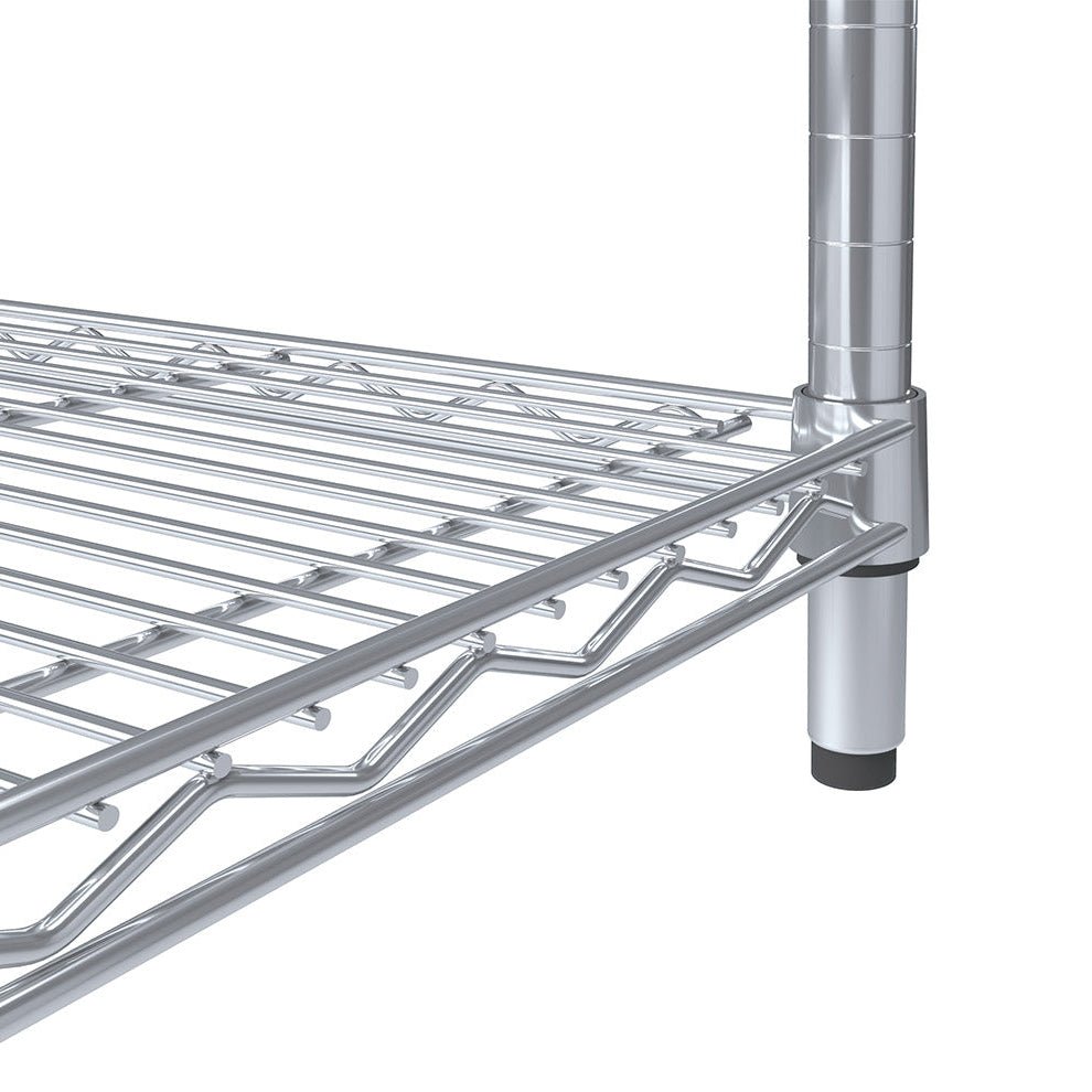 Close-up of a RackZone Wire Chrome Shelving 4 Level, 300kg UDL, adjustable shelves.