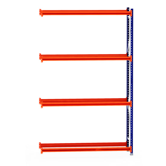 RackZone Tyre Racking Extender with four orange shelves and blue frame.
