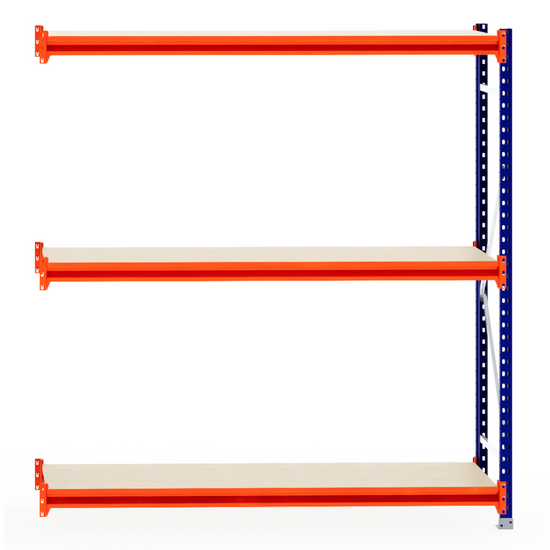 RackZone Longspan 600mm Laminated Timber Extender, orange/blue frame.