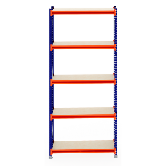 RackZone Longspan Shelving 600mm, 5 shelves, blue frame, orange supports.