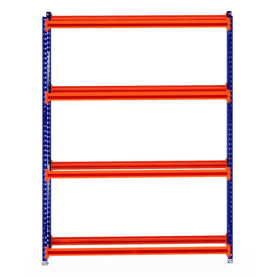 RackZone Tyre Racking 400mm Starter—orange beams, blue supports, ideal storage.