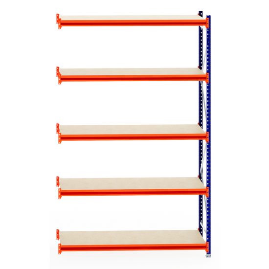 RackZone Longspan Shelving Extender, 5-tier laminated timber, front view.