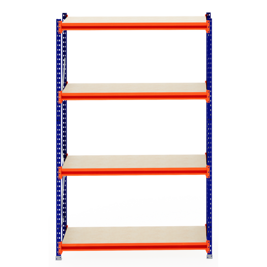 RackZone Longspan Shelving Starter with 4 empty laminated timber shelves.