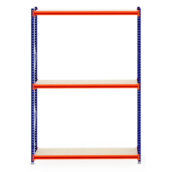RackZone Longspan Shelving, 600mm timber, starter unit, blue & orange frame.