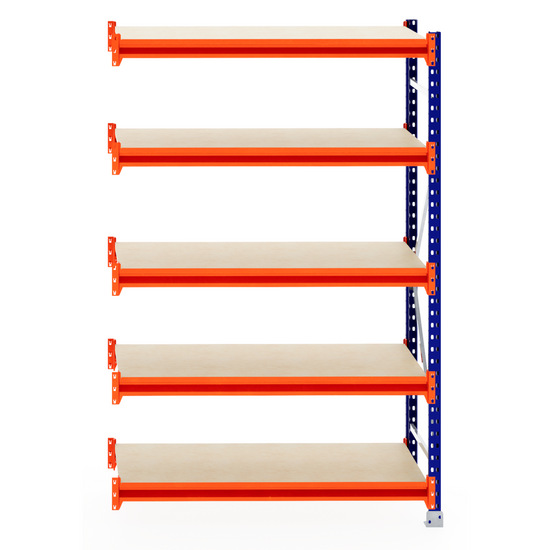 RackZone Longspan 600mm Laminated Timber Extender with orange beams, blue frame.