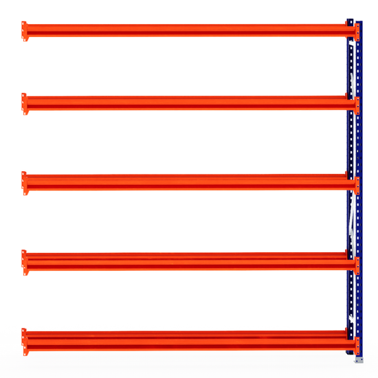 Five orange RackZone Tyre Racking beams with one vertical blue support post.