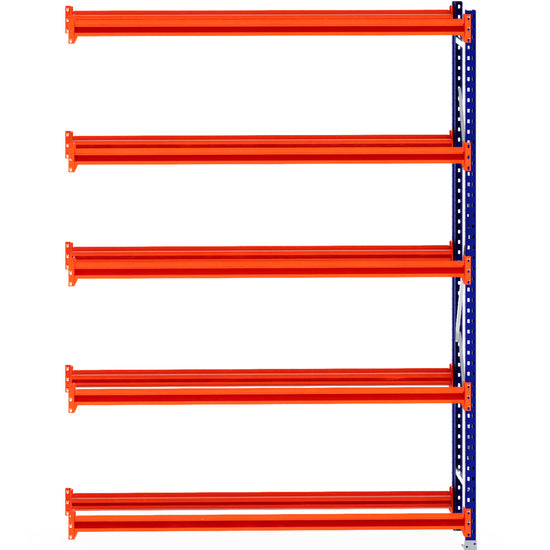 RackZone Tyre Racking 400mm Depth Extender with orange beams, blue supports.
