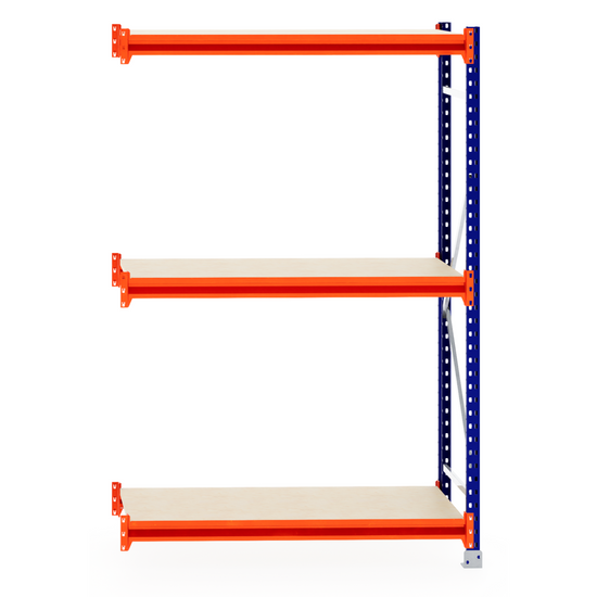 RackZone Longspan Shelving 600mm Laminated Timber Extender, orange/blue frame.