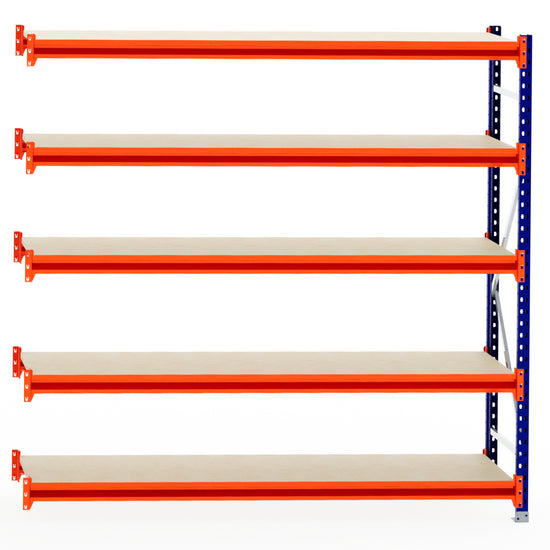 RackZone Longspan Shelving Extender, 600mm, laminated timber, orange beams.