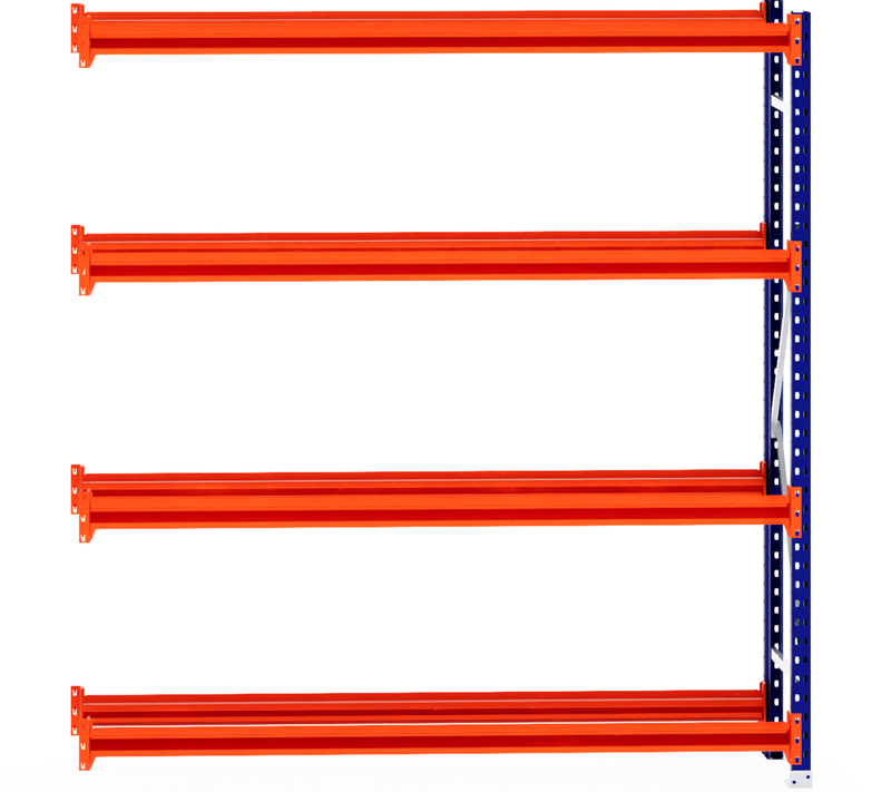Four shelves on blue RackZone Tyre Racking 400mm Depth - Extender frame.