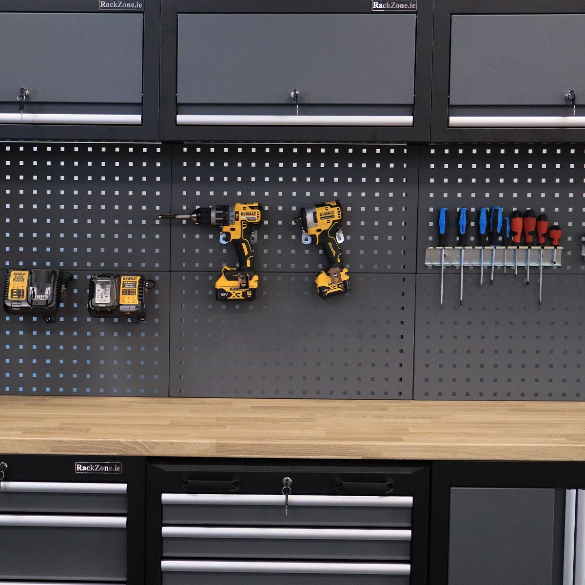 RackZone Modular Workstation System 10 with wall tools and floor cabinet.