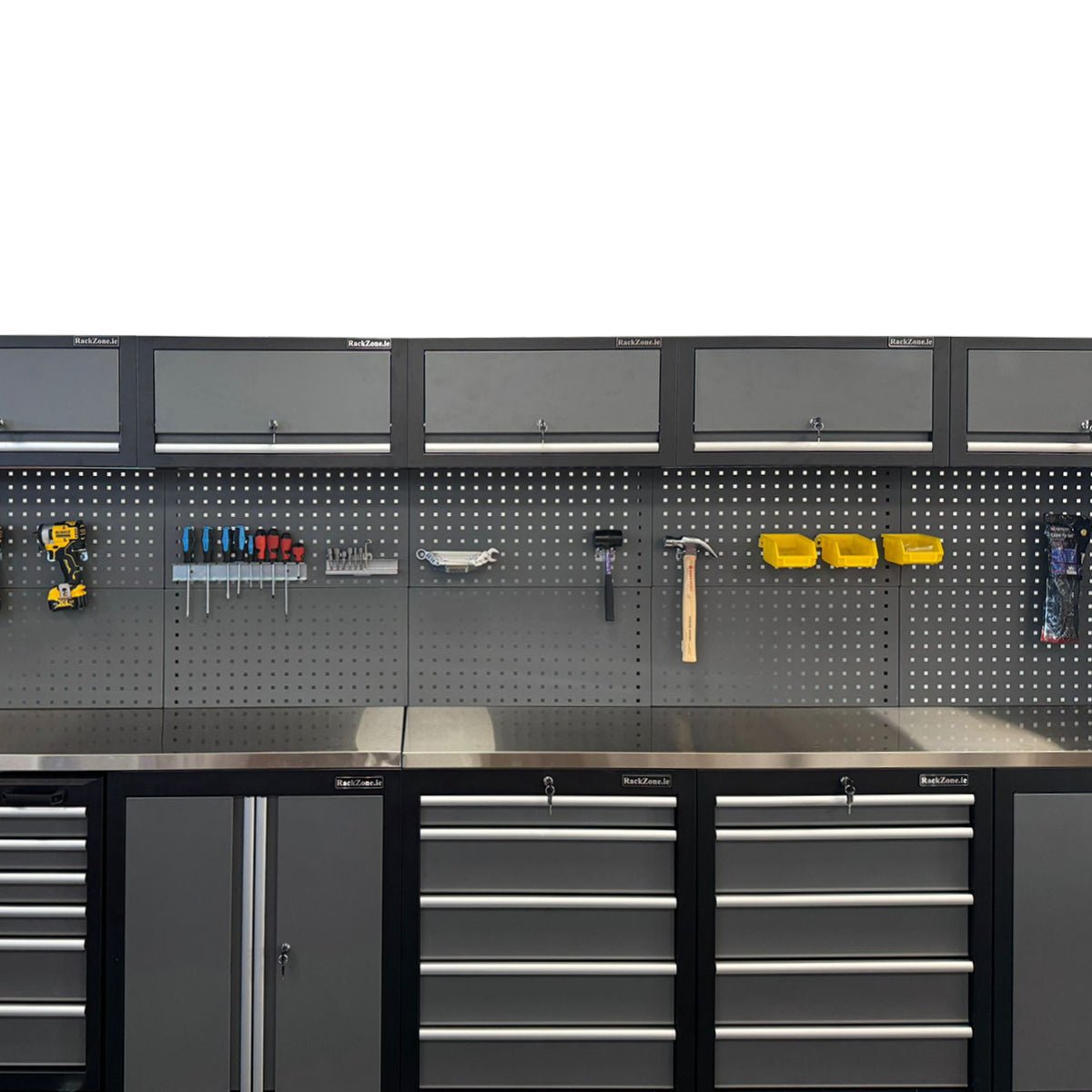 RackZone Modular Workstation 10 with pegboard and ball bearing cabinets.