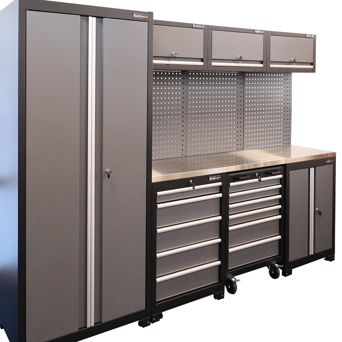 RackZone Modular Workstation System 3 with ball bearing slides and pegboard.