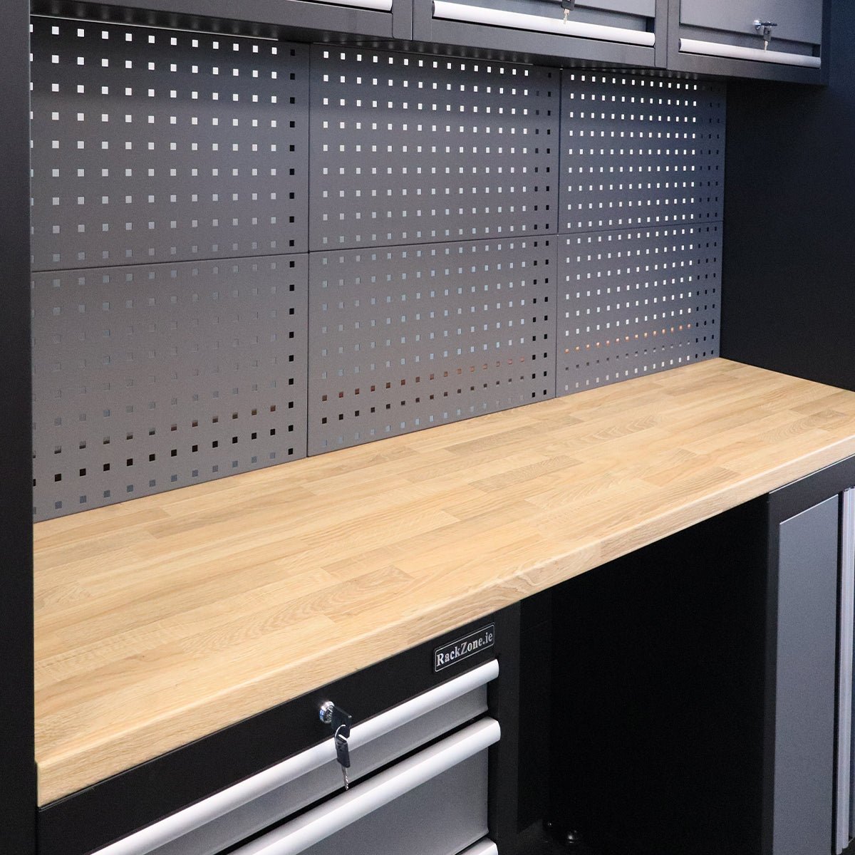 RackZone Modular Workstation System 5 with cabinet, ball bearing drawers.