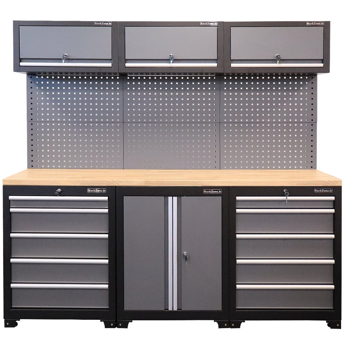 RackZone Modular Workstation System 7 with drawers, shelves, and pegboard.