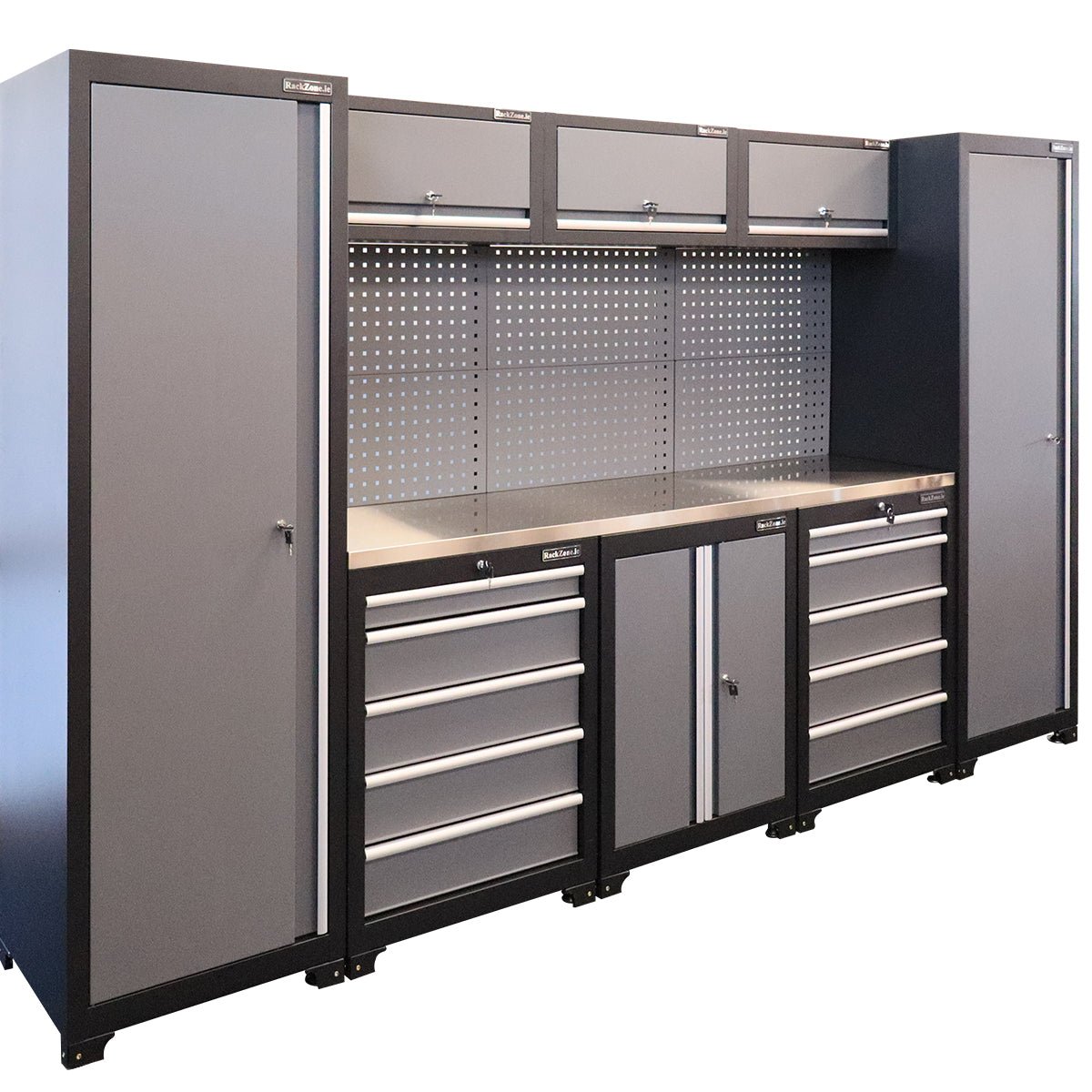 RackZone Modular Workstation System 8 with cabinets and pegboard shelving.
