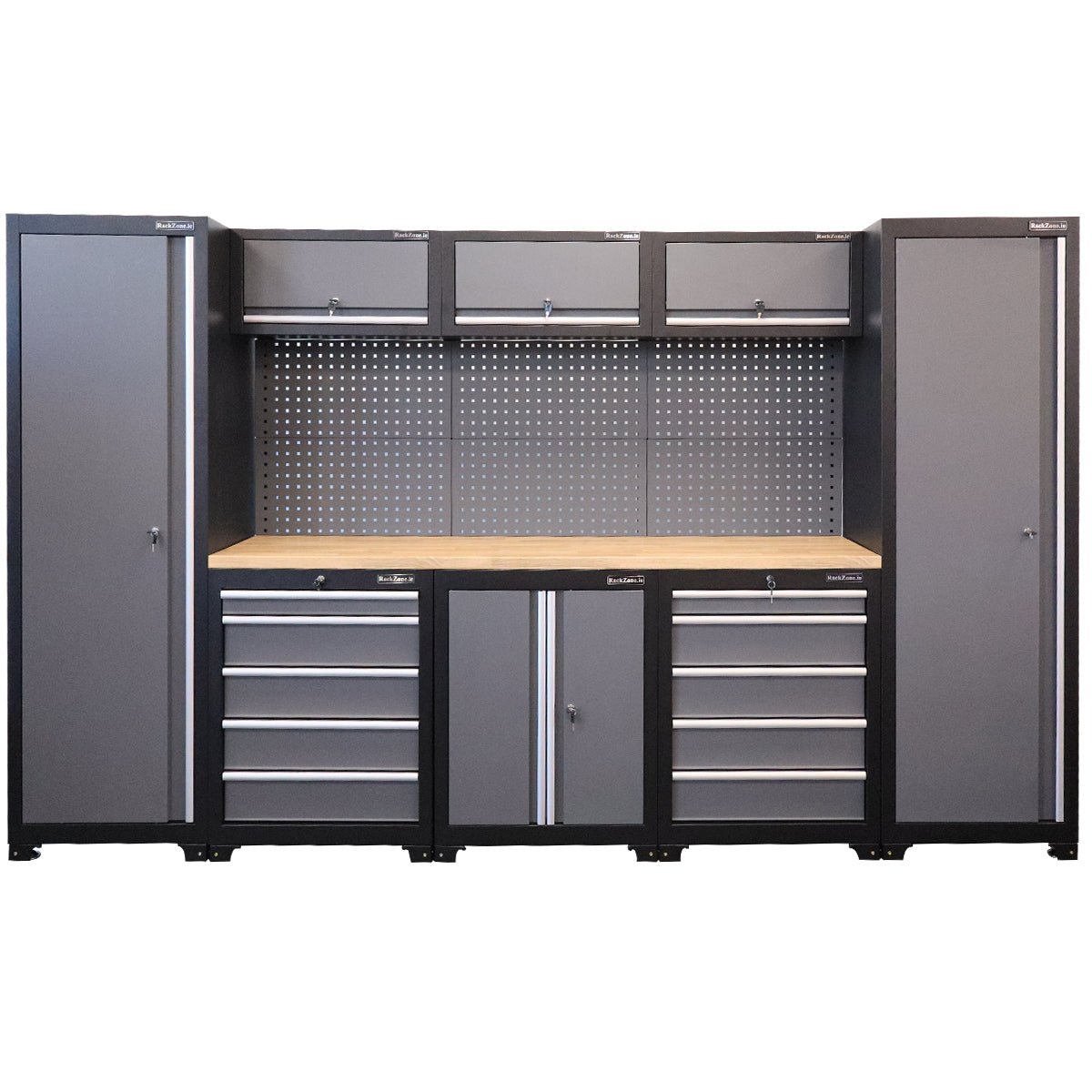 RackZone Modular Workstation System 8 with modular cabinets, stainless finish.