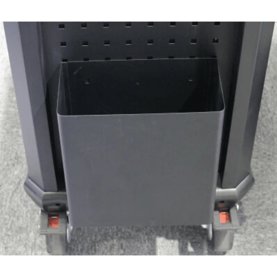 RackZone DUSTBIN 270x180x300 hooks to modular frame with wheels on carpet.