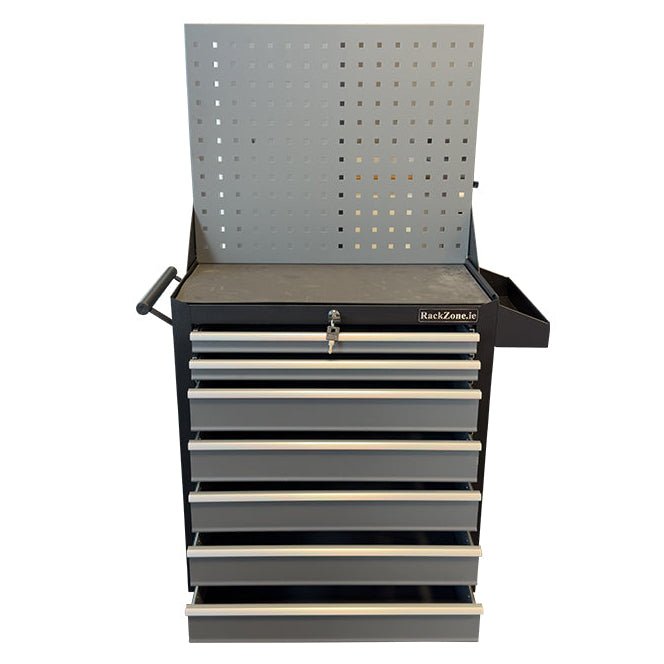 RackZone Modular Workstation Trolley c/w Pegboard, 6 drawers, side tray.