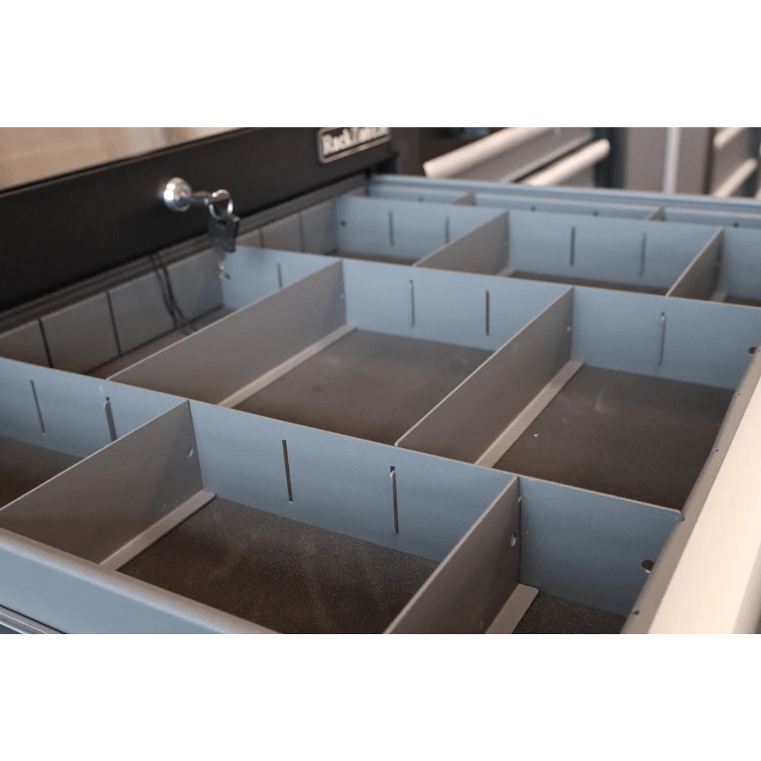 RackZone Modular Workstation Drawer Dividers: small gray drawer with lock.