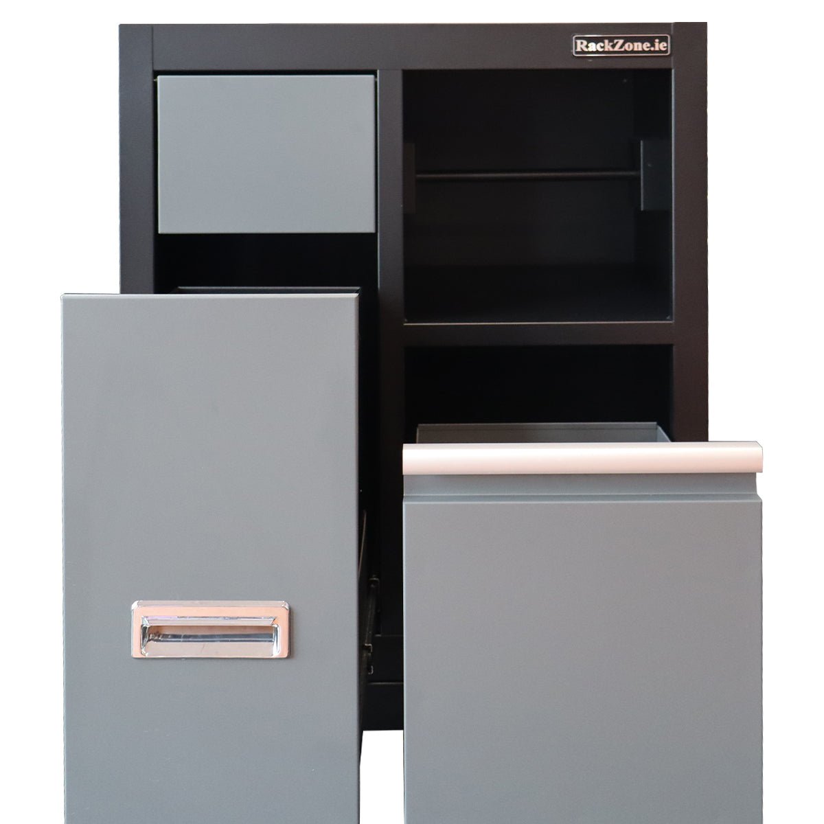 Two gray drawers open in RackZone’s modular base with dustbin & towel holder.