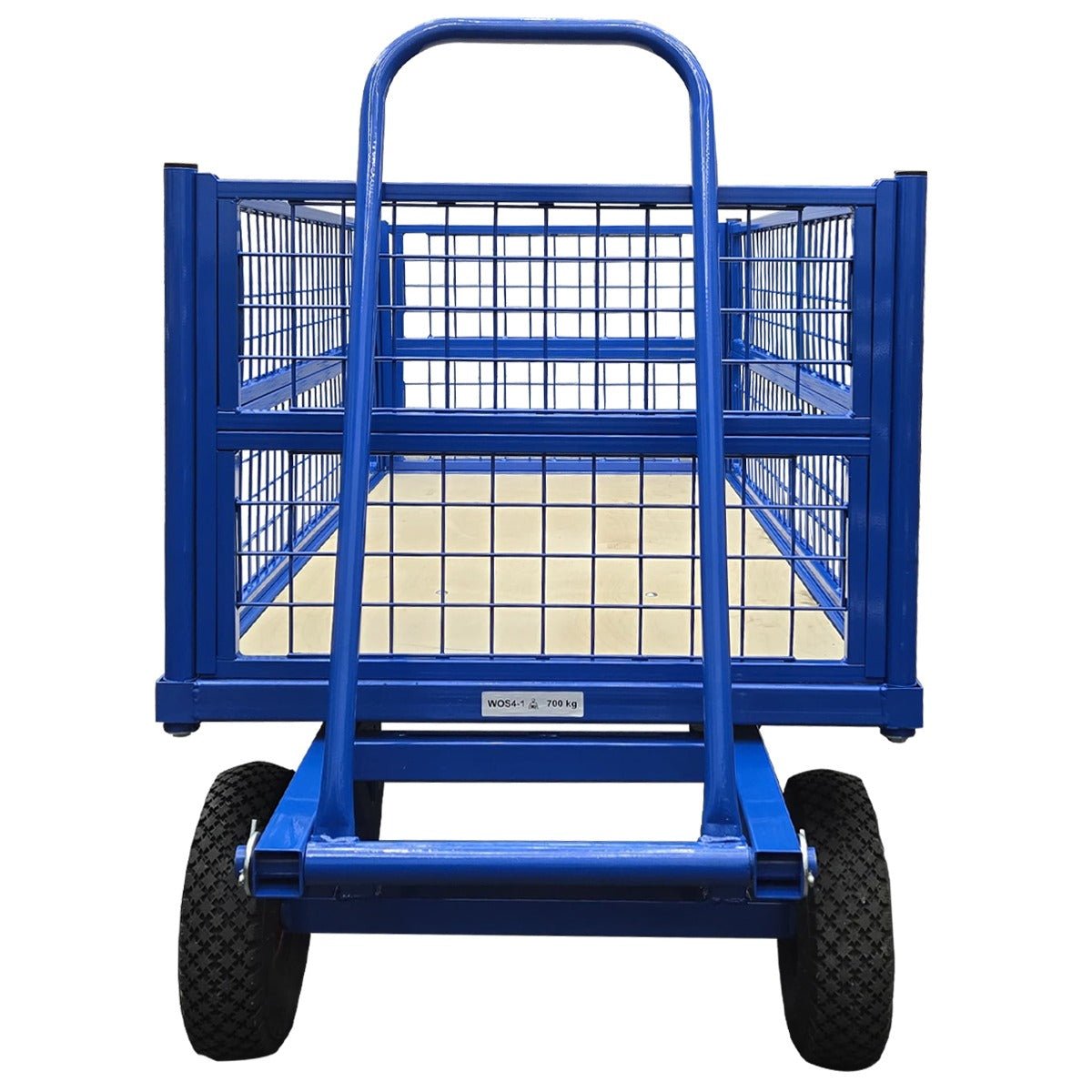 RackZone Heavy Duty Platform Truck with mesh sides, front view, large wheels.