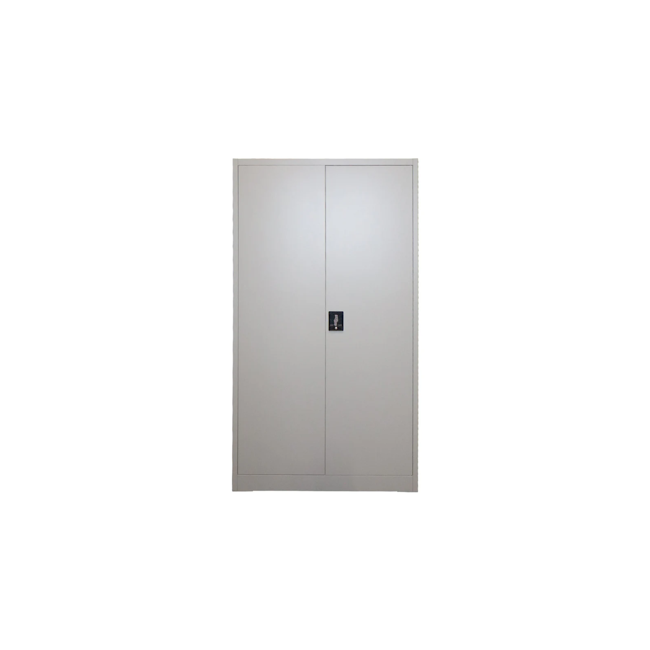 A closed, light gray metal storage cabinet with two doors and a central black handle, set against a plain white background.