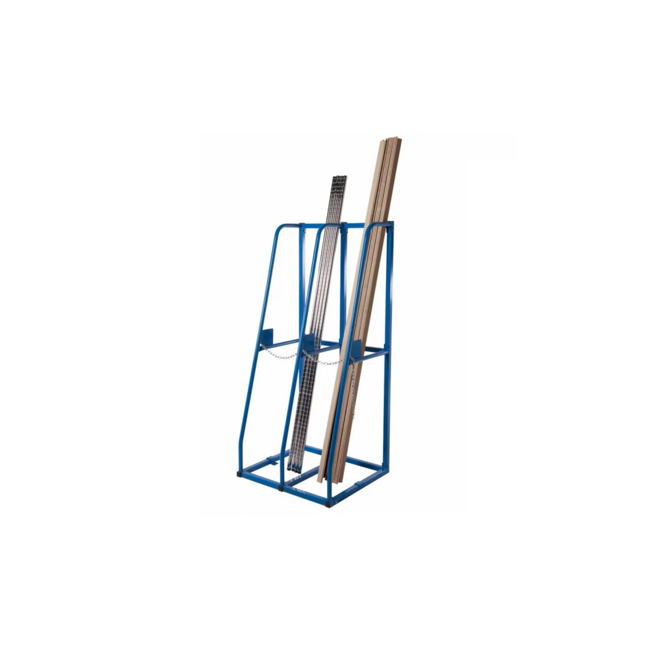 A blue metal rack holds several long, vertically standing pieces of wood and metal rods against a plain white background.