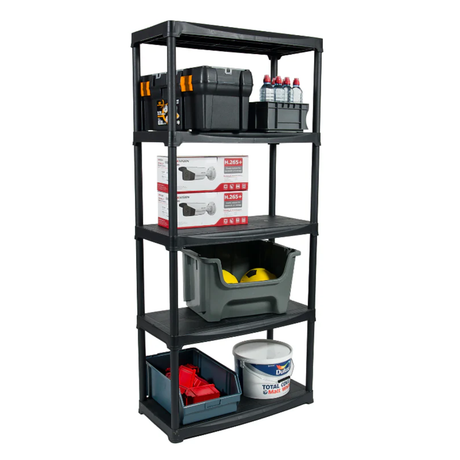 A black five-tier plastic shelving unit holds various items including toolboxes, bottles, boxes, a bin, and a bucket.