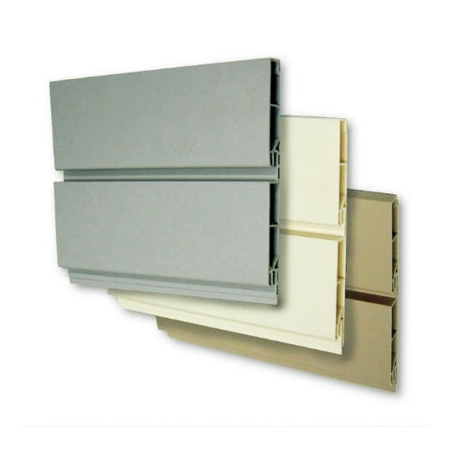 Three vinyl siding panels in gray, beige, and tan are shown stacked to display their colors and profiles.