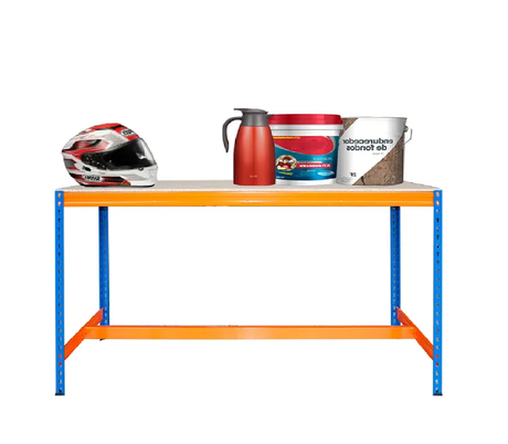 A sturdy workbench with a red helmet, a red thermos, a paint bucket, and a white bucket placed on top.