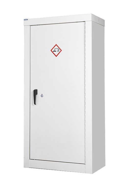 Tall white storage cabinet with a single door, handle, and a hazardous material warning symbol displayed on the front.