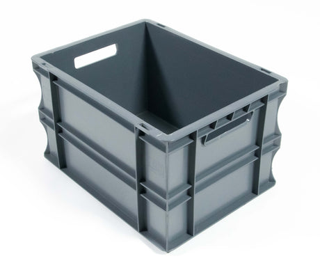A gray plastic storage crate with reinforced sides and built-in handles on two opposing sides, shown on a white background.