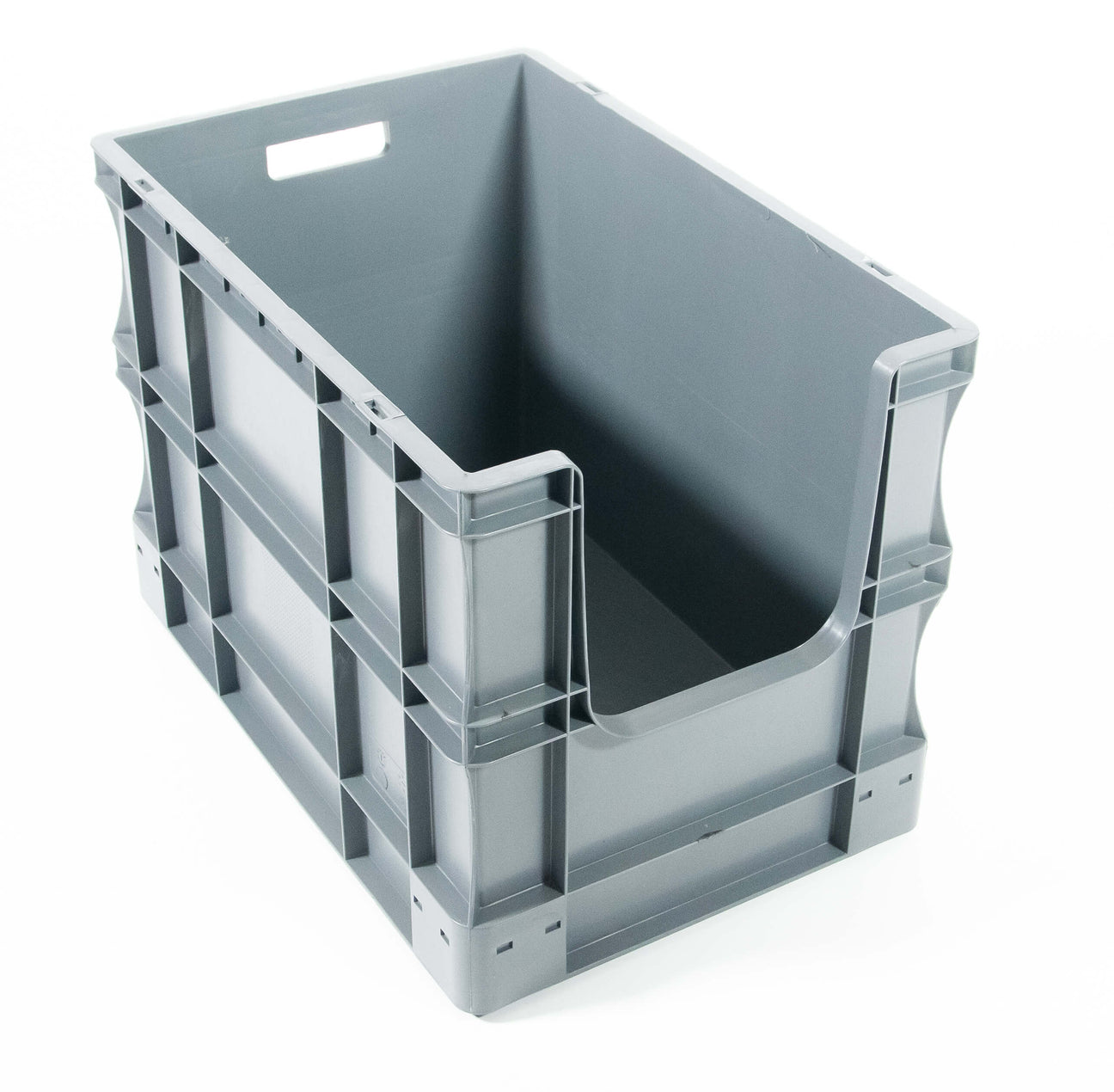 A large, gray plastic storage bin with a cut-out front and side handles is shown on a white background.