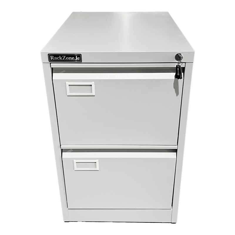 A gray two-drawer metal filing cabinet with a lock and key on the top drawer, labeled "RackZone.ie," isolated on a white background.