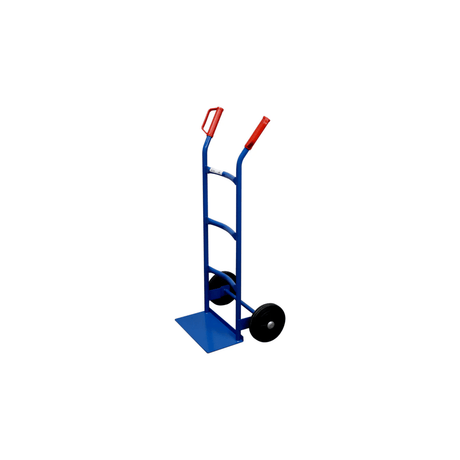 A blue metal hand truck with two black wheels and red handles, positioned upright on a white background.