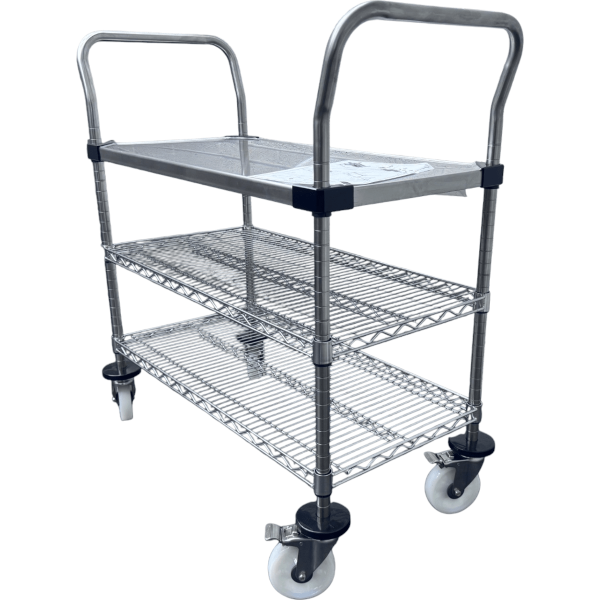 Three-tiered metal utility cart with mesh wire shelves, two handles, and four large caster wheels, designed for transporting items.