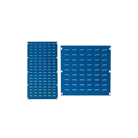 Two blue metal panels with rows of evenly spaced horizontal slots, each with mounting holes on the edges, shown on a white background.