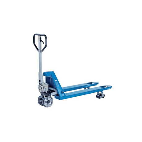 A blue manual pallet jack with a black handle and four wheels, designed for lifting and moving pallets in warehouses or industrial settings.