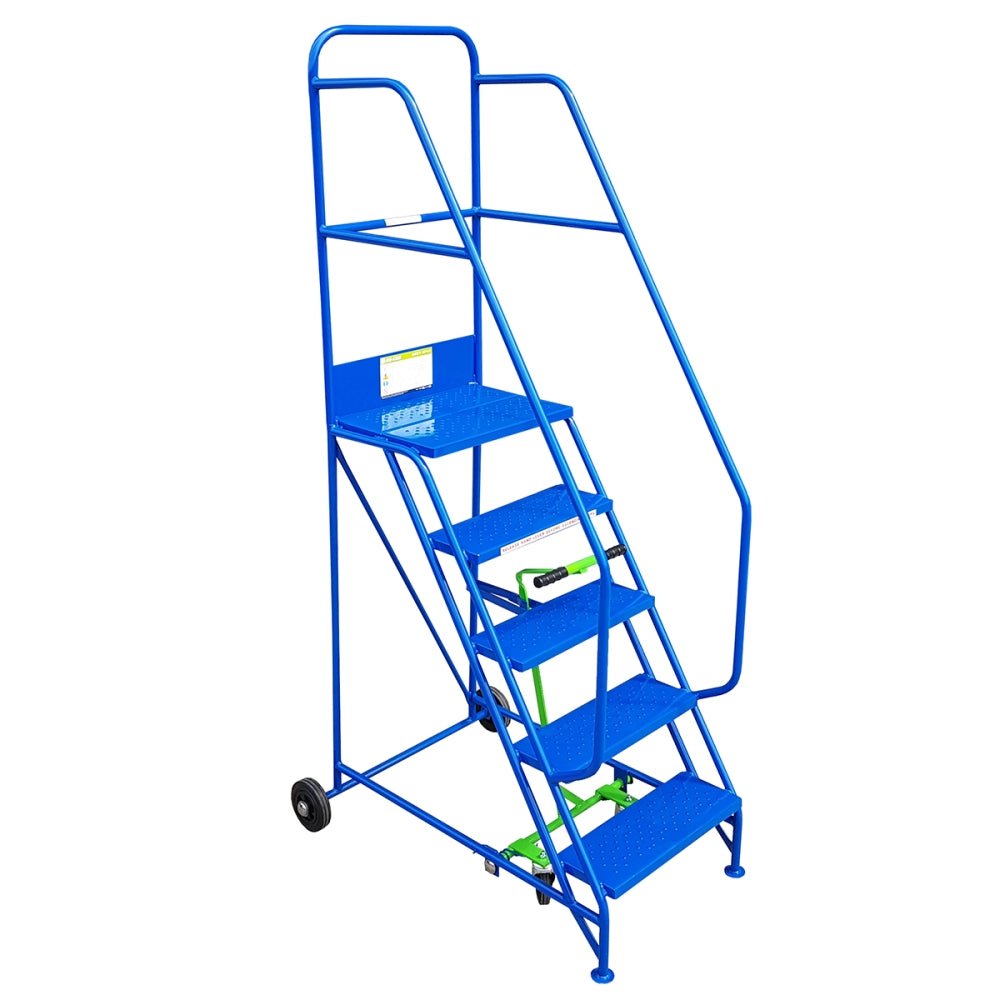 Blue mobile safety step ladder with five perforated steps, handrails, a top platform, and two black wheels for easy movement.