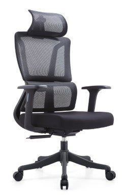Black ergonomic office chair with mesh backrest, headrest, adjustable armrests, and a cushioned seat on wheels.