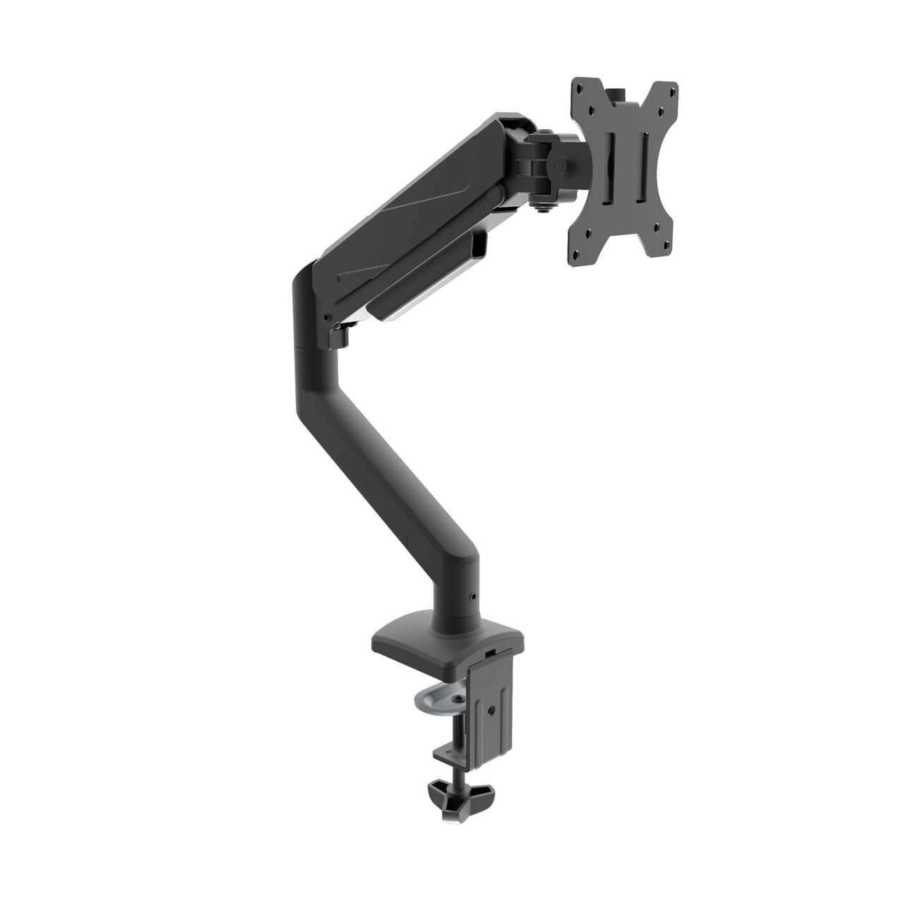 Black adjustable monitor arm with a clamp base and VESA mount, designed to attach to the edge of a desk for supporting a computer monitor.