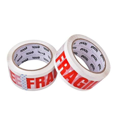 Two rolls of clear packing tape with red "FRAGILE" text and Denva branding on the inside.