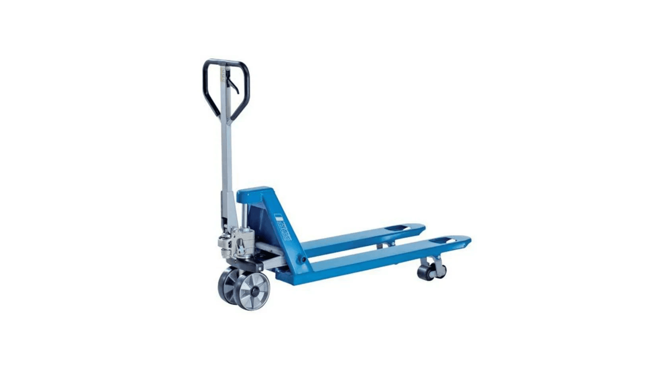 A blue manual pallet jack with a black handle and two front wheels, designed for lifting and moving pallets.