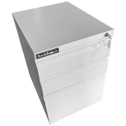 A metal filing cabinet with three drawers and a lock, viewed from above at an angle.